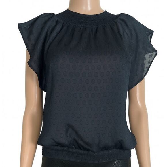 Express top blouse black/gold ruffle sleeve ruched bottom keyhole back SZ SM - Picture 1 of 10